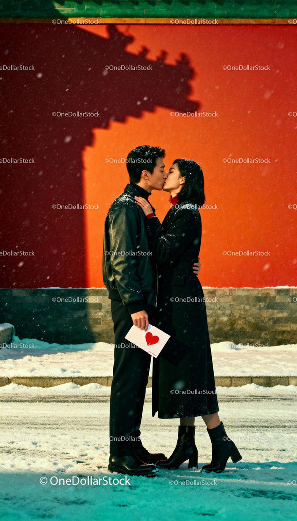 Couple sharing a tender kiss in snowy winter with love card