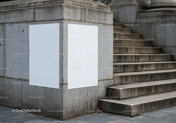 Blank Posters on Urban Stone Wall by Concrete Steps JPG Mockup Image