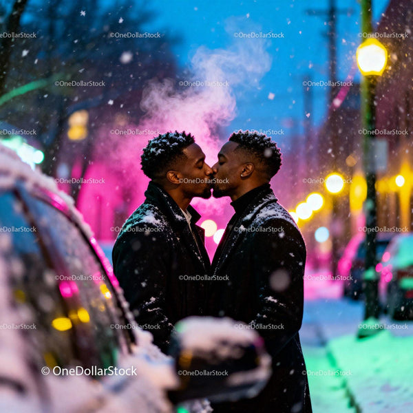 Couple sharing intimate kiss on snowy city street at dusk