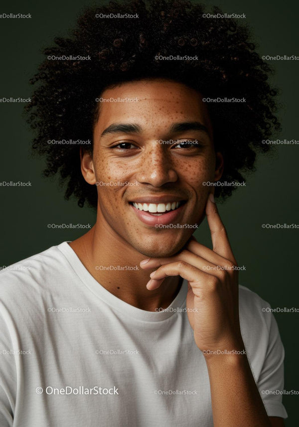 Portret szczęśliwego młodego mężczyzny z afro i piegami