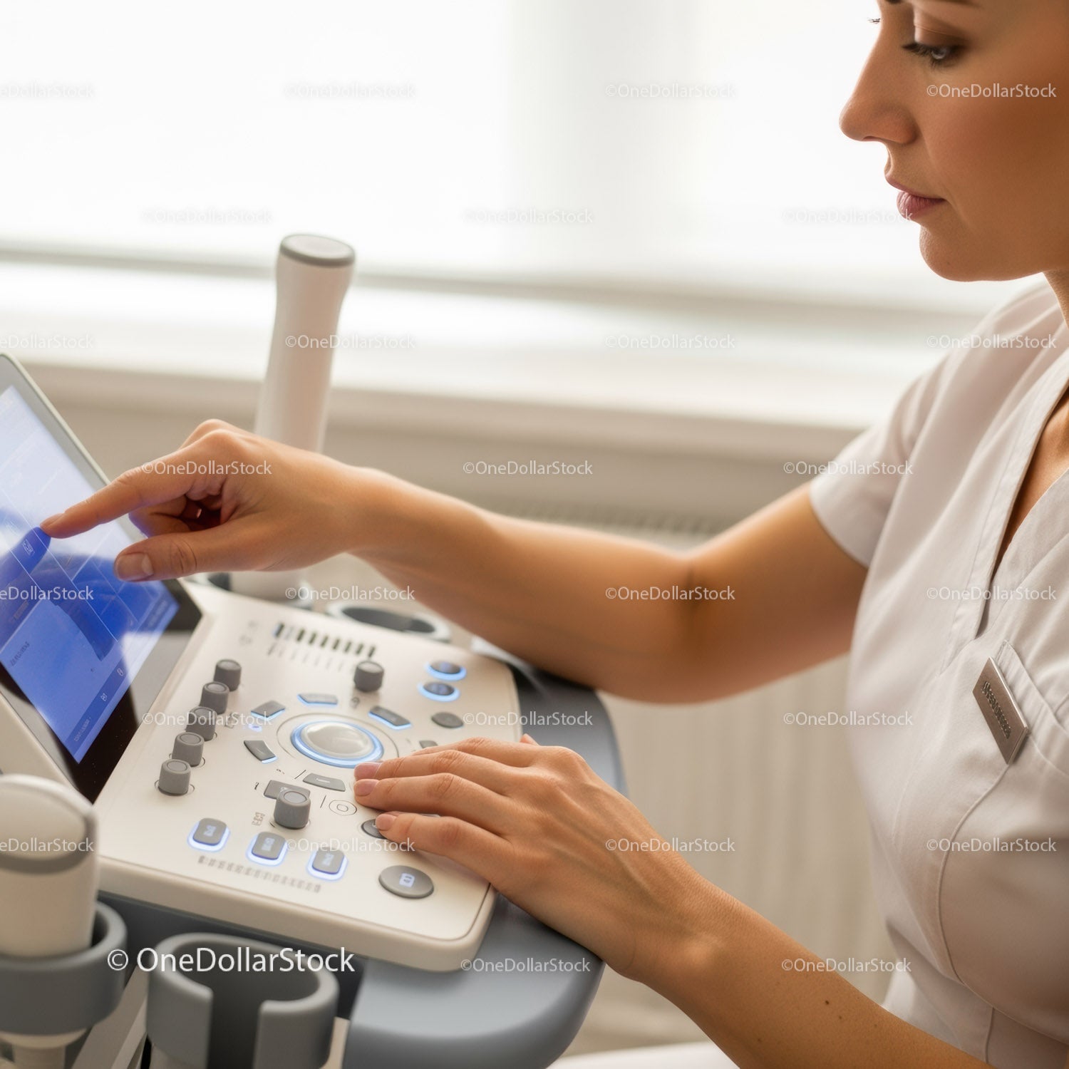 Female Healthcare Professional Using Ultrasound Machine in Modern Clinic