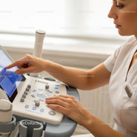 Female Healthcare Professional Using Ultrasound Machine in Modern Clinic