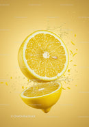 Fresh lemon halves with water splash on yellow background