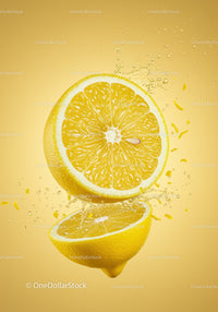 Fresh lemon halves with water splash on yellow background