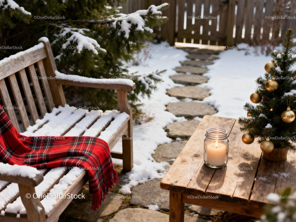 Cozy Snowy Garden Bench with Candle and Christmas Tree