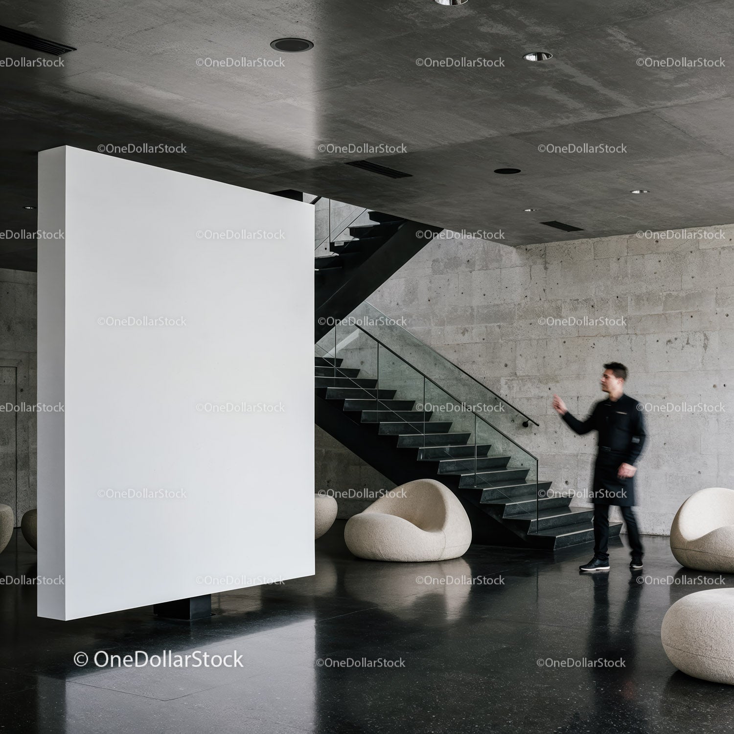 Modern lobby interior with minimalist white wall and stairs