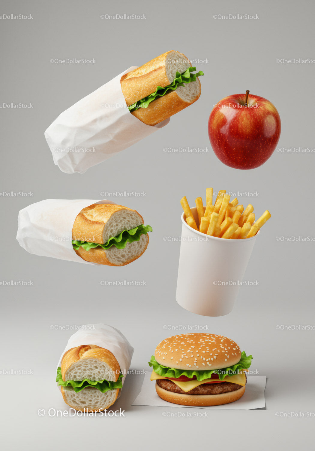 Assorted fast food meal with burger, fries, apple, and sandwiches