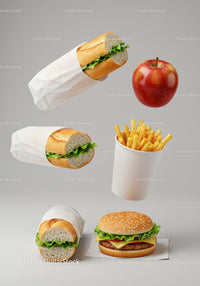 Assorted fast food meal with burger, fries, apple, and sandwiches