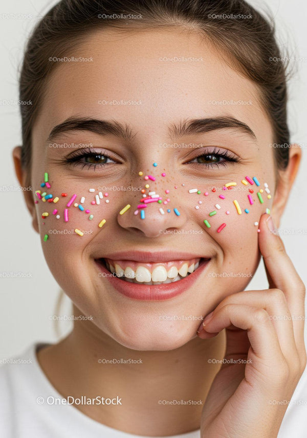 Close-up of a Smiling Woman with Colorful Sprinkles on Face