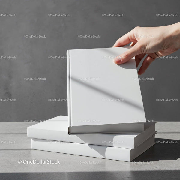 Hand Picking Blank White Hardcover Book from Stack JPG Mockup Image