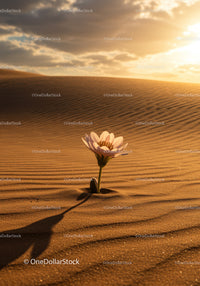 Single white flower growing in sandy desert landscape