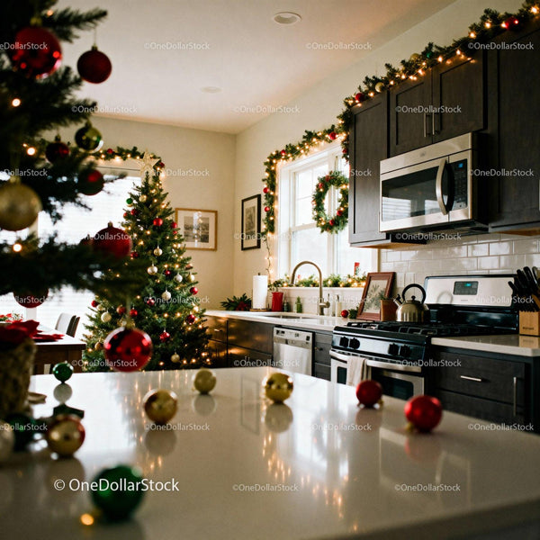 Cozy kitchen decorated with Christmas lights and tree