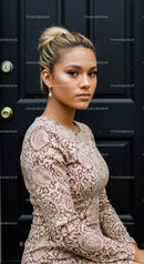 Confident young woman with elegant patterned dress outdoors