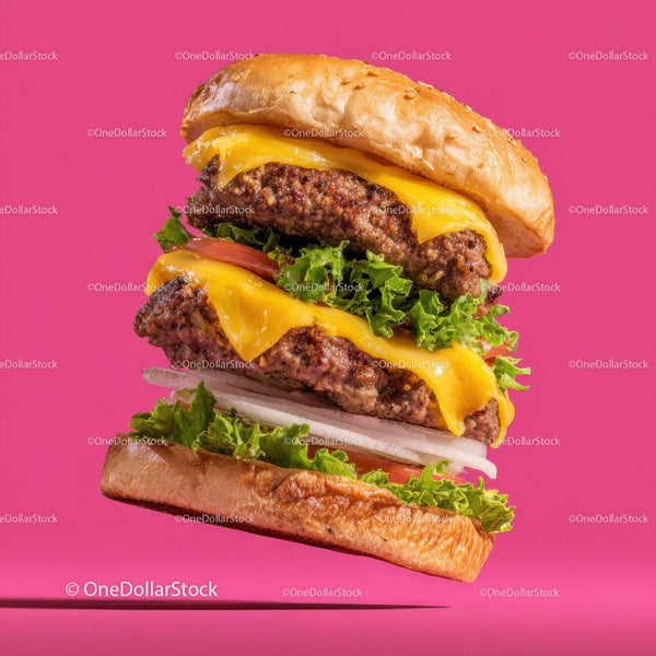 Soczysty Podwójny Cheeseburger z Sałatą i Pomidorem na Różowym Tle