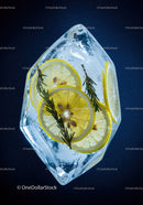Fresh Lemon Slices and Rosemary Encased in Clear Ice