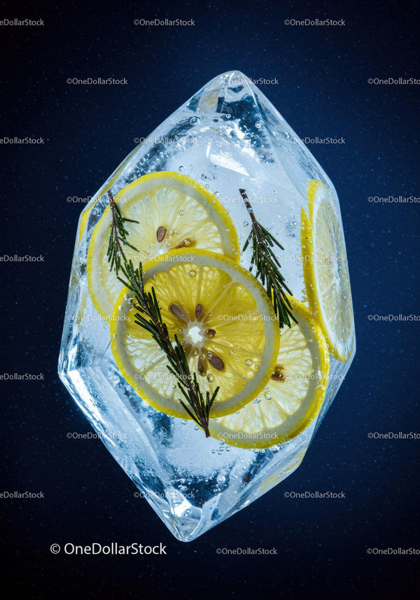 Fresh Lemon Slices and Rosemary Encased in Clear Ice