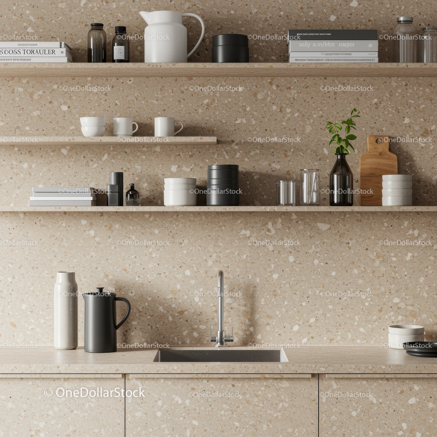 Modern Kitchen with Beige Terrazzo Backsplash and Stylish Decor