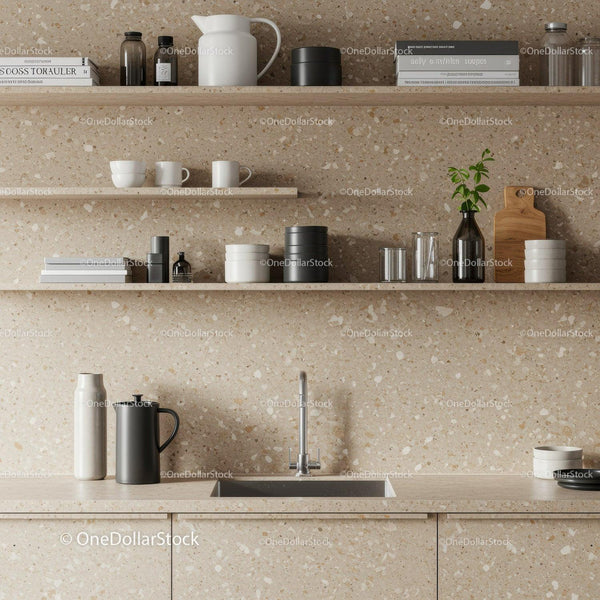 Nowoczesna Kuchnia z Beżowym Terrazzo na Ścianie i Stylowym Dekorem