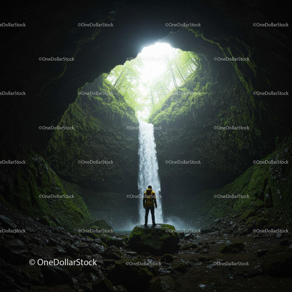 Mysterious Waterfall in Enchanted Cave Surrounded by Lush Forest Stock Photo Bundle (13 JPG Files)