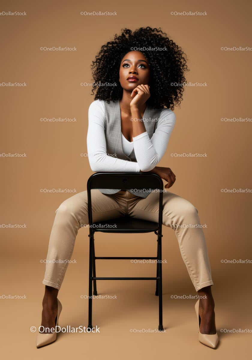 Stylish Confident Woman Sitting on Chair in Modern Studio