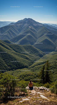 Majestic Green Mountain Range Scene with Hiker in Scenic Wilderness
