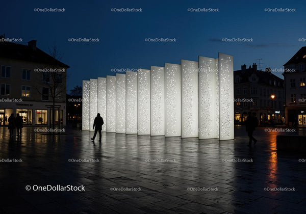 Modern Illuminated Art Installation in City Square at Night JPG Mockup Image