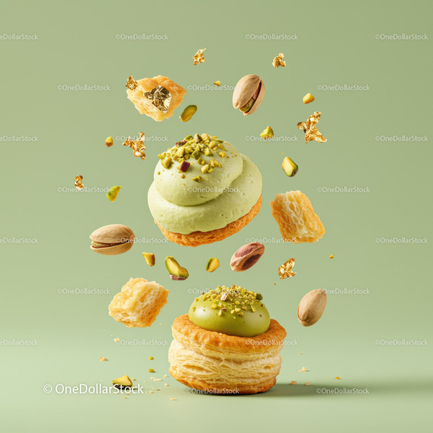 Delicate puff pastry with pistachio cream and nuts