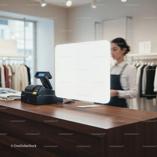 Retail counter with protective plexiglass and cashier JPG Mockup Image