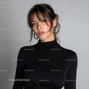 Stylish Young Woman in Black Turtleneck with Modern Fashion Look