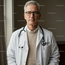 Senior Male Doctor with Stethoscope in Medical Clinic