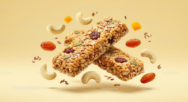Natural energy bars with nuts and dried fruits floating
