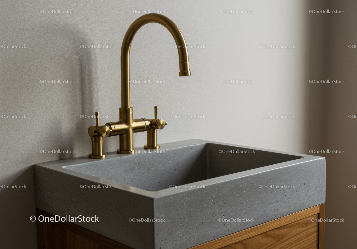 Luxury Concrete Kitchen Sink with Gold Faucet in Modern Interior