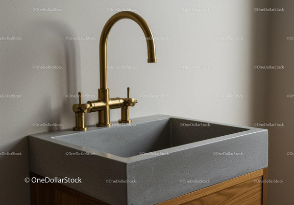 Luxury Concrete Kitchen Sink with Gold Faucet in Modern Interior
