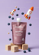 Blueberry Smoothie Pouch with Toy Rockets and Wooden Blocks