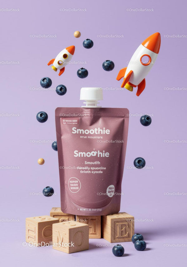 Blueberry Smoothie Pouch with Toy Rockets and Wooden Blocks