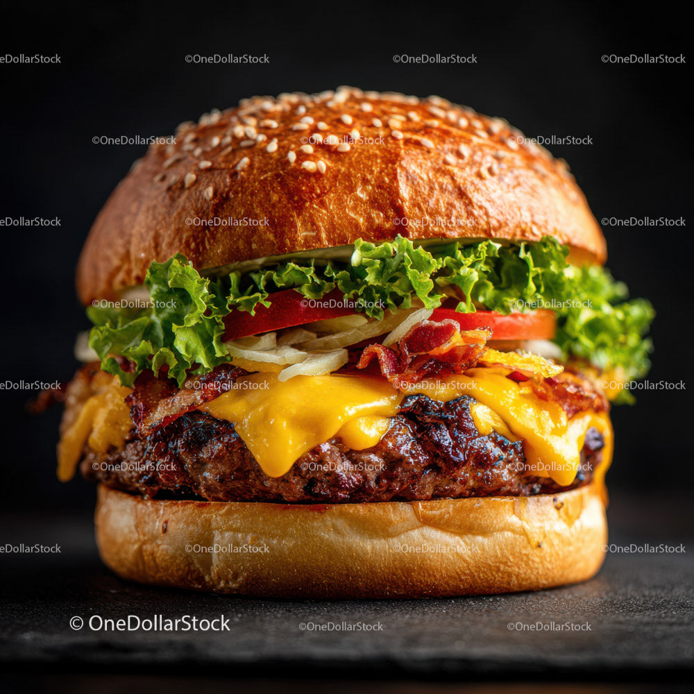 Pyszny burger wołowy z sałatą, pomidorem i boczkiem