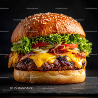 Delicious Gourmet Beef Burger with Lettuce Tomato and Bacon