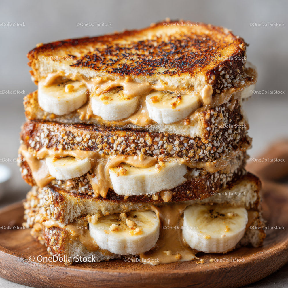Peanut Butter and Banana Toasted Sandwich on Wooden Plate