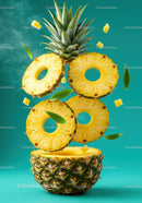 Fresh pineapple rings floating above a halved fruit
