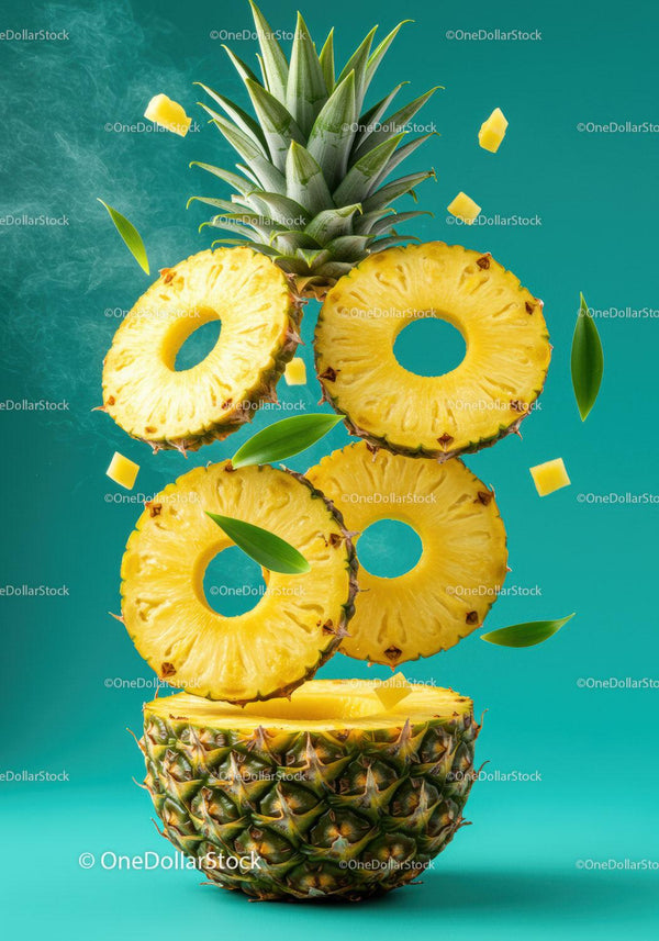 Fresh pineapple rings floating above a halved fruit