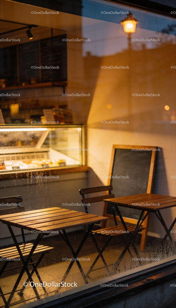 Cozy Empty Cafe Tables by Window in Warm Evening Glow