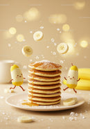 Stack of fluffy pancakes with syrup and playful banana characters