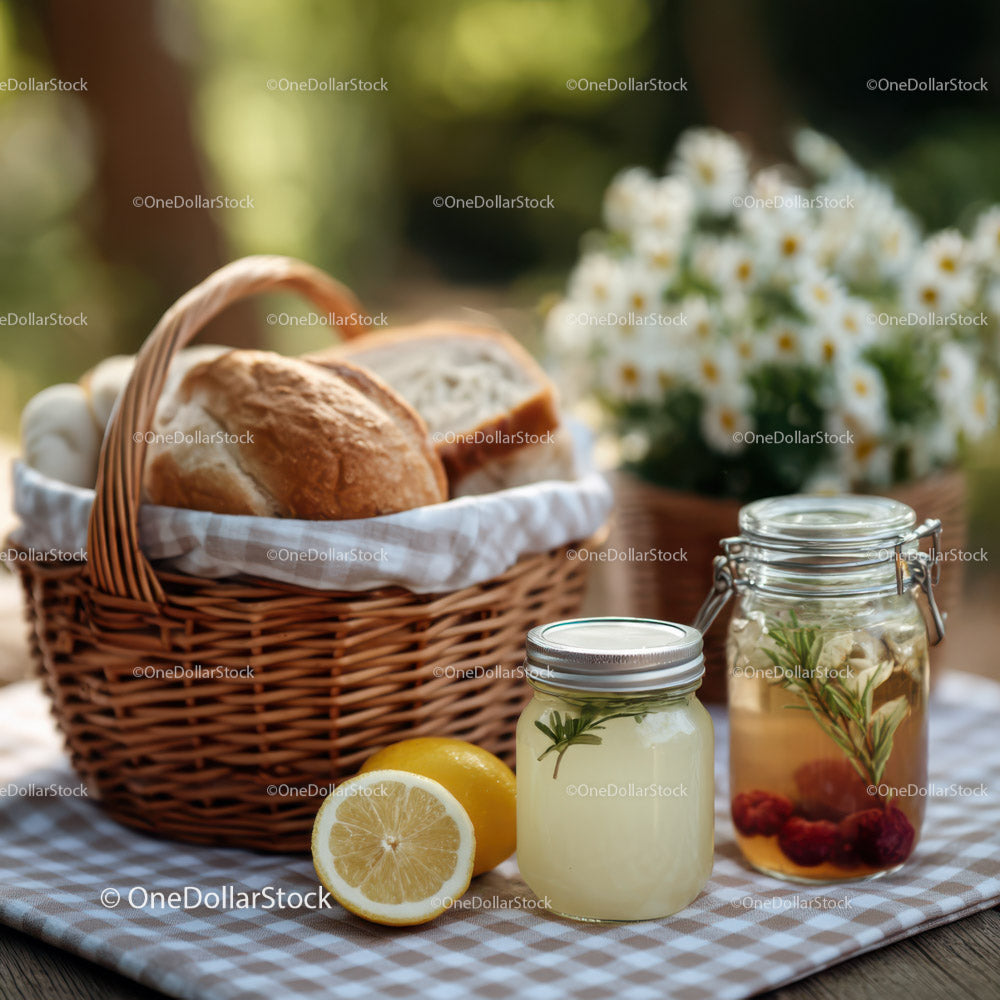 Świeży koszyk pieczywa z cytryną i wodą z dodatkiem ziół w ogrodzie