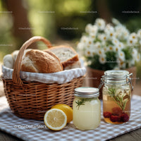Fresh Bread Basket with Lemon and Infused Water in Garden Setting