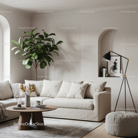 Cozy beige living room with modern decor and greenery