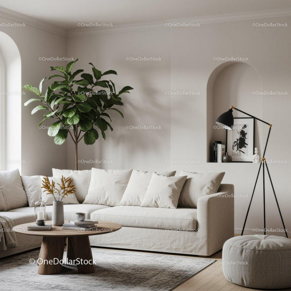 Cozy beige living room with modern decor and greenery
