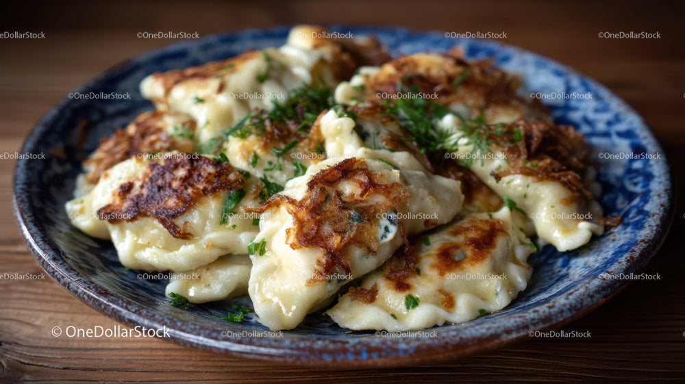 Smażone pierożki z zielonymi dodatkami na niebieskim talerzu ceramicznym