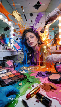 Creative makeup explosion with colorful paint and cosmetics