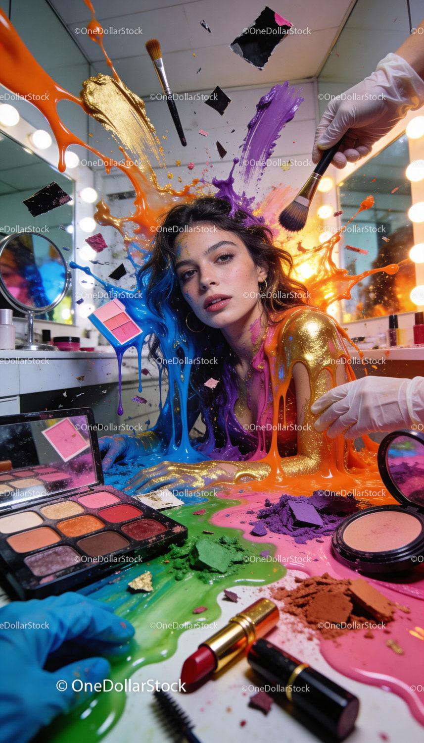 Creative makeup explosion with colorful paint and cosmetics