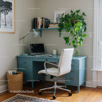 Modern Home Office with Blue Desk and Green Potted Plant